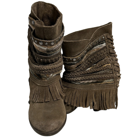 Naughty Monkey Brown Boho Western Fringe & Braided Ankle Boots – Women’s Size 8